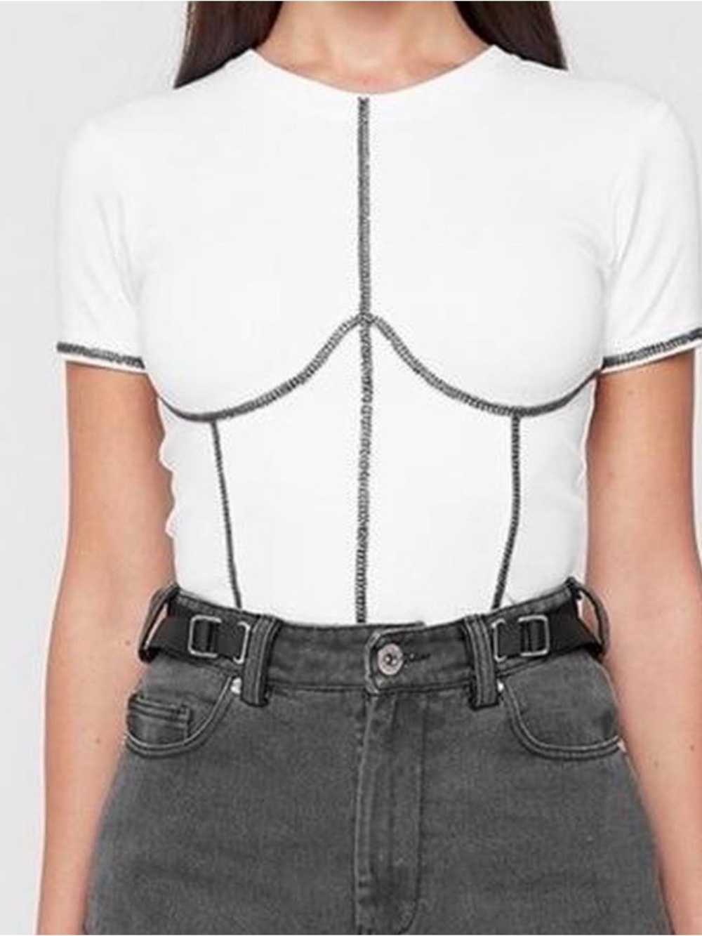 Maniere De Voir White Short-Sleeve Contrast-Stitch Corset Tee